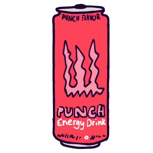 A drawing of a pink drink can. The can has a large, light pink, jagged 'W' logo on its center. Text at the top of the can says 'PUNCH FLAVOR' and text below the logo says 'PUNCH Energy Drink'